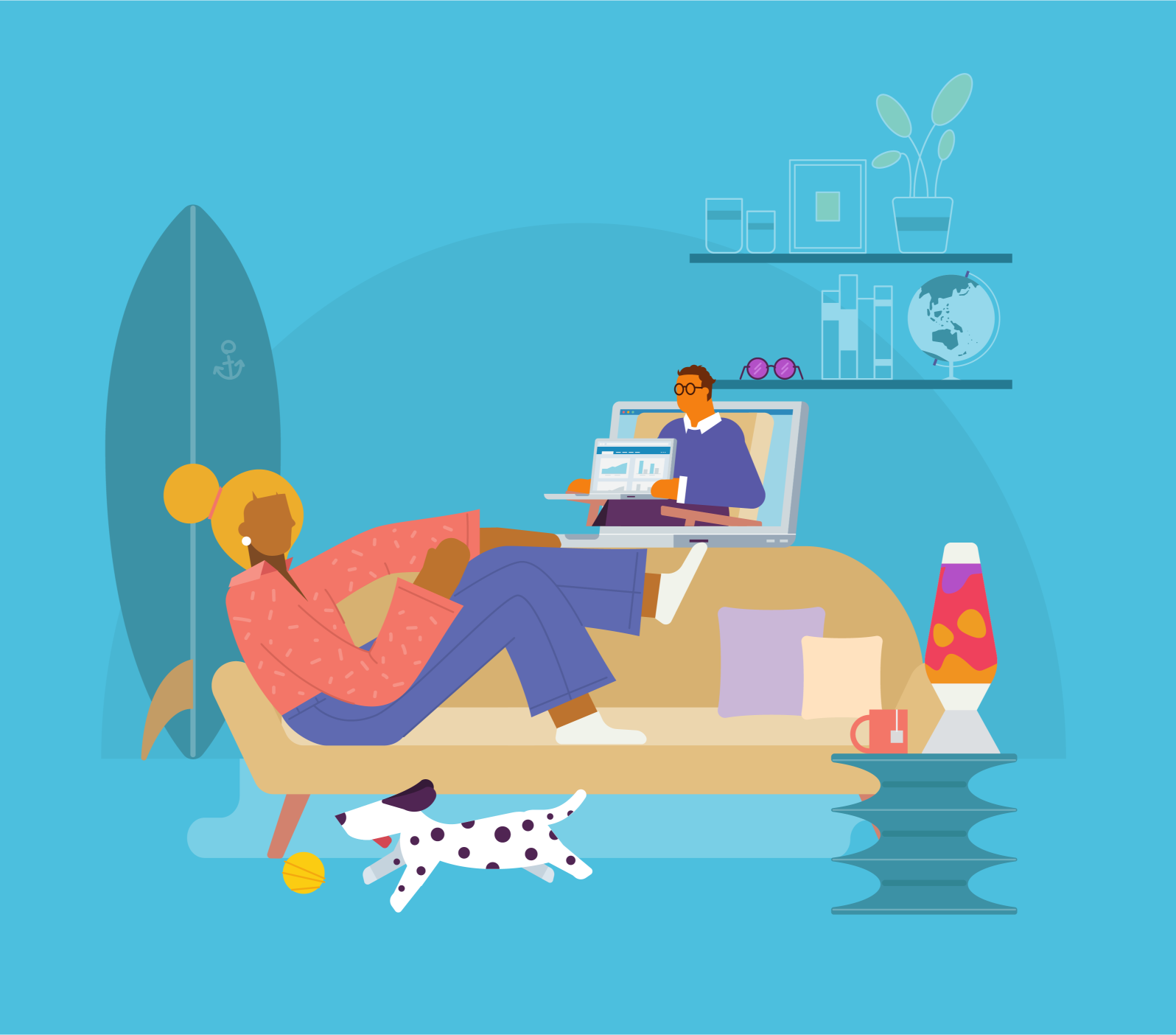 A small business owner discussing financial statements with their accountant. You can also see a Dalmatian playing.
